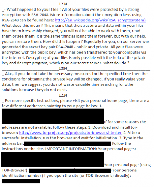 Screenshot: Beispiel eines Erpresser-E-Mails nach der Infizierung