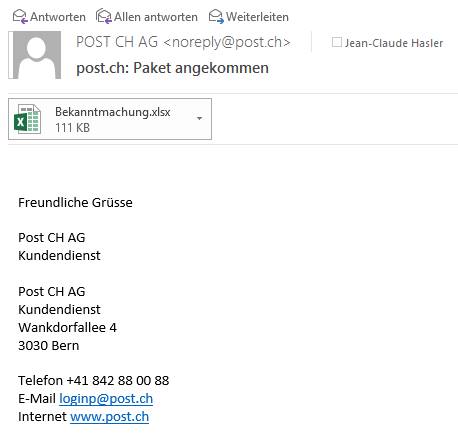 Screenshot: Gefälschte Post-E-Mail mit Virus im Anhang