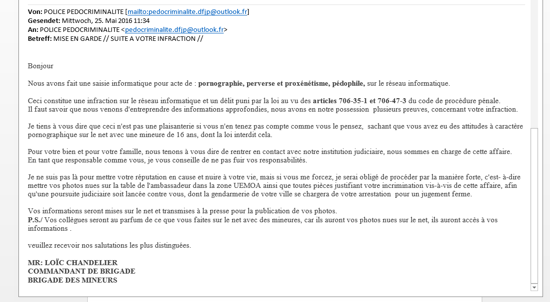 Screenshot: Französiosches Erpressungsmail von angeblicher Polizeibehörde